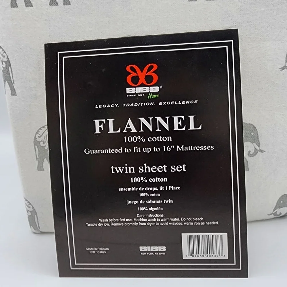 BIBB Home Twin Size Ivory Cotton Flannel‎ Sheet Set of 3pc With Gray Elephants
